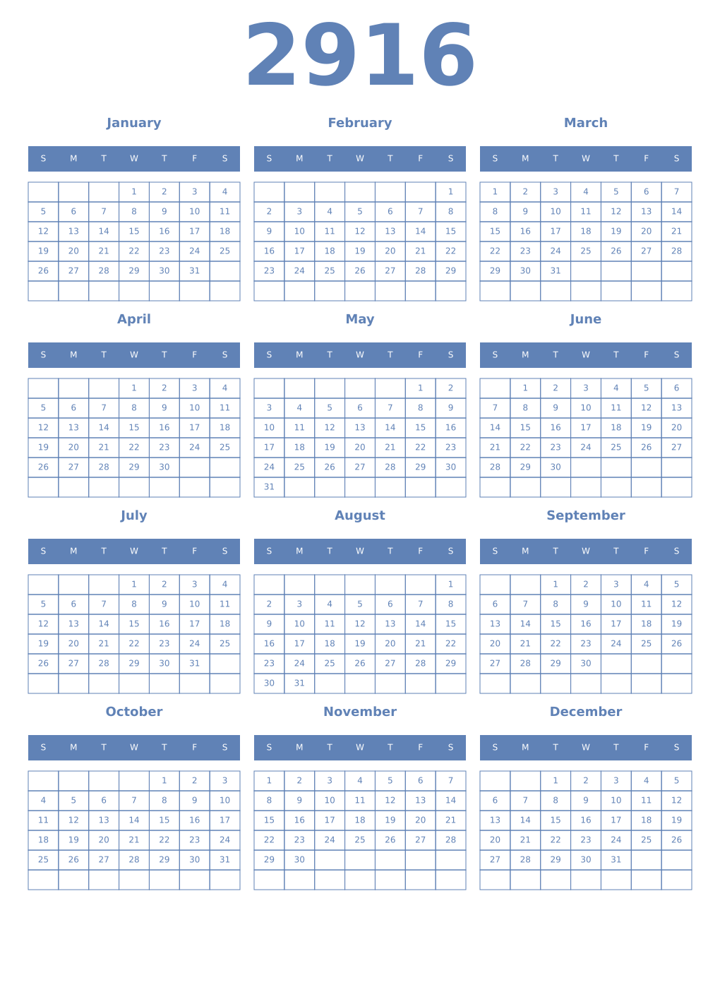 Printable 2916 Year Calendars glaucous