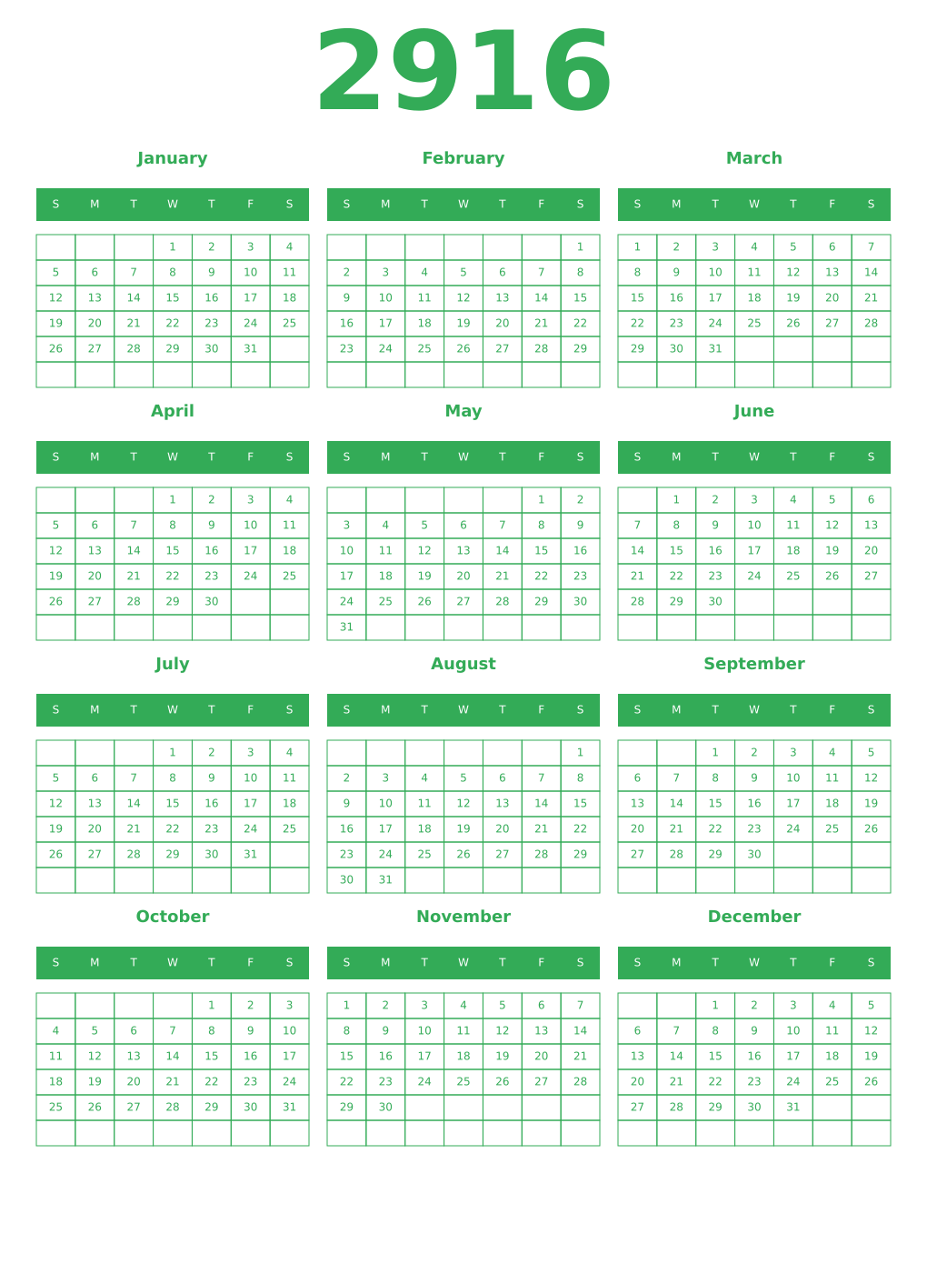 Printable 2916 Year Calendars green