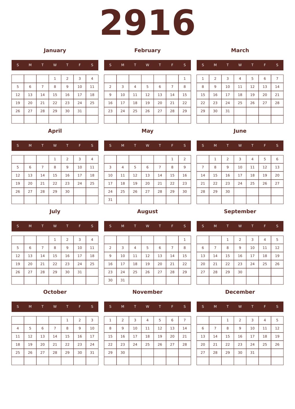 Printable 2916 Year Calendars mortuum