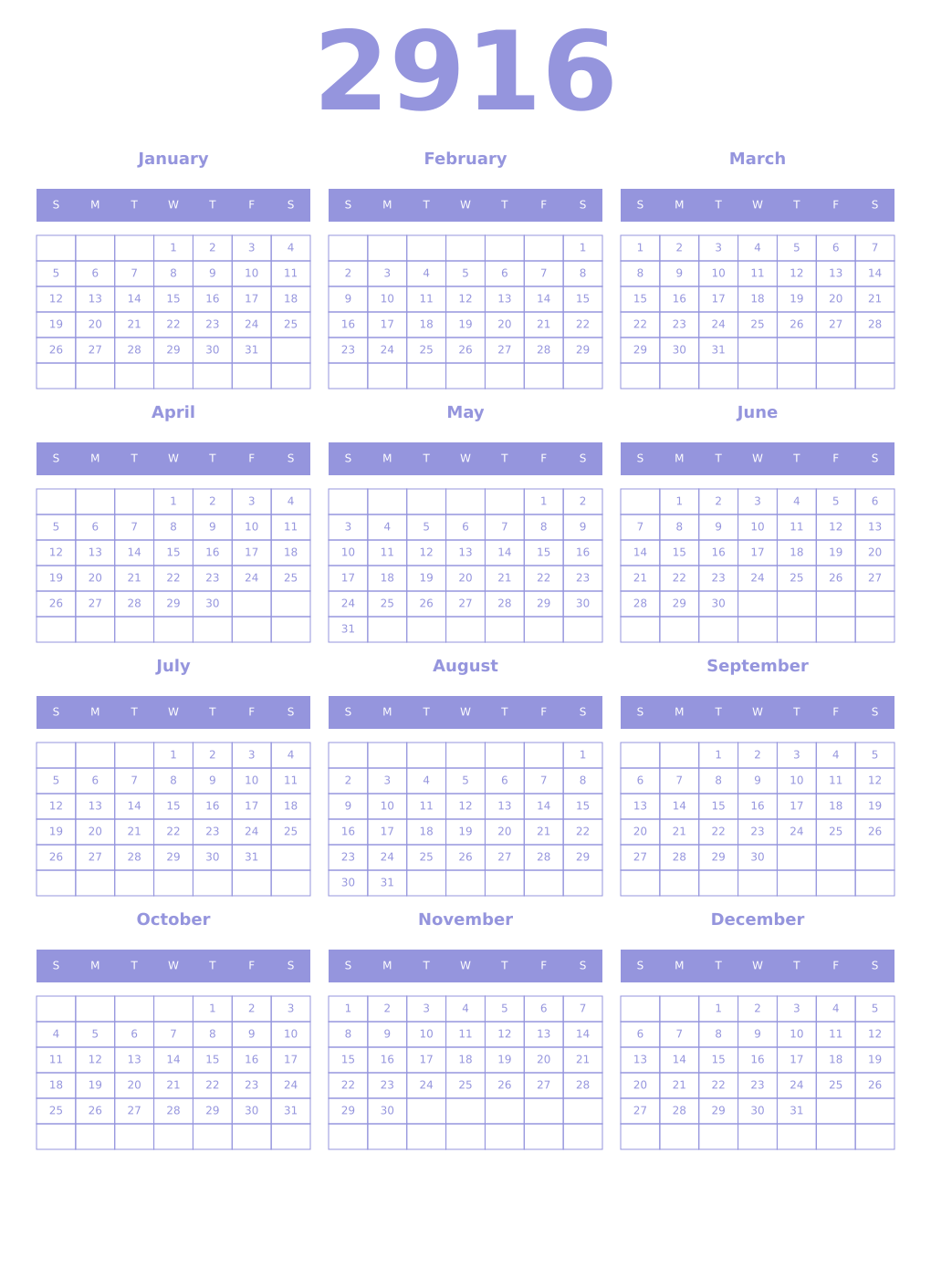 Printable 2916 Year Calendars periwinkle