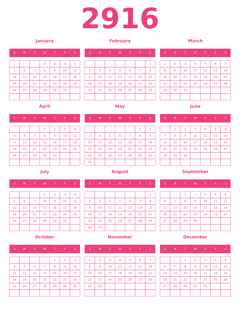 Printable 2916 Year Calendars pink