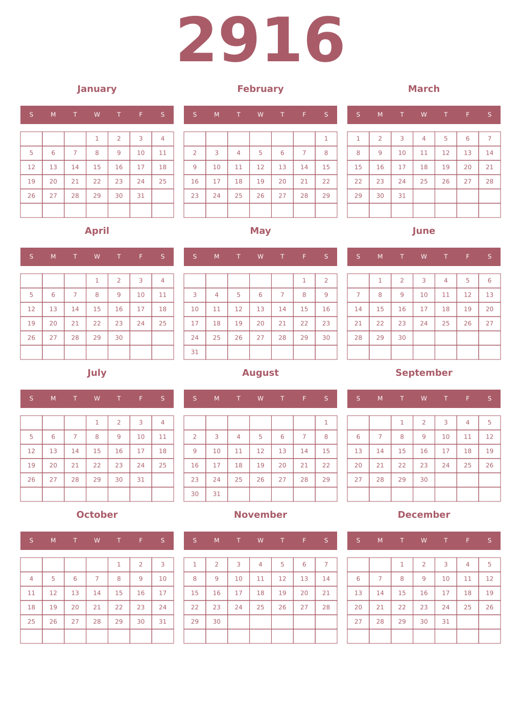 Printable 2916 Year Calendars puce