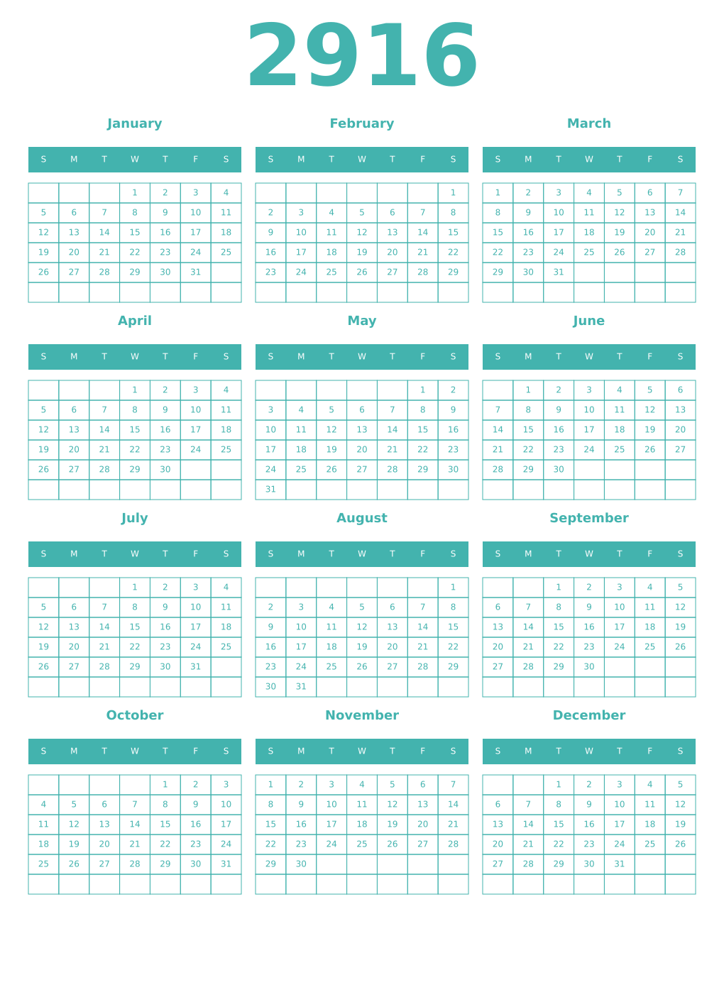 Printable 2916 Year Calendars verdigris