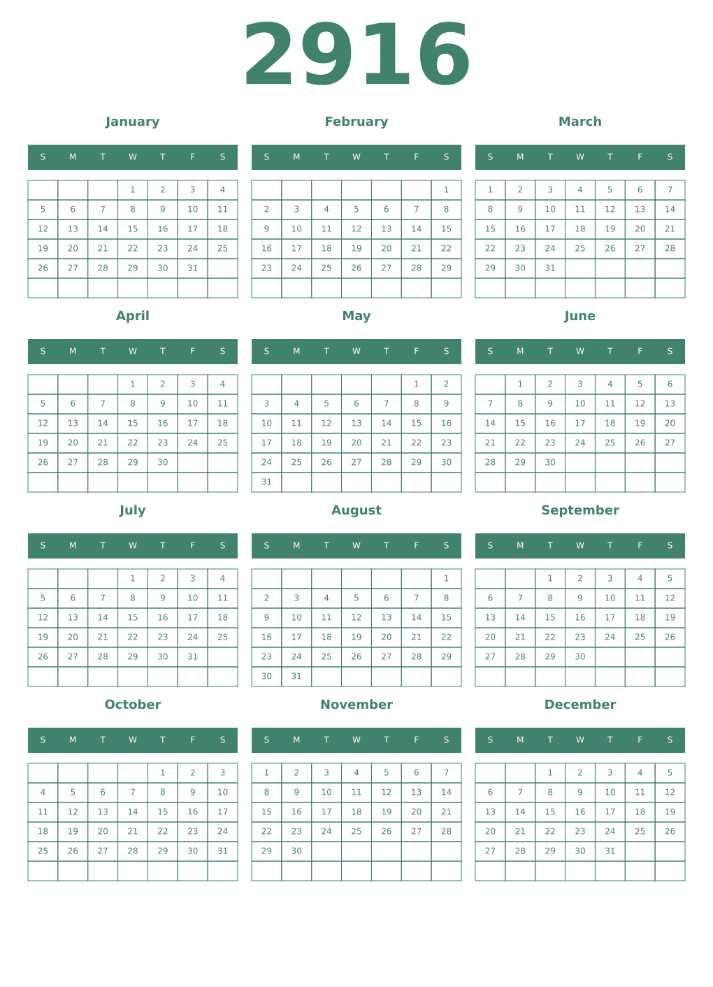 Printable 2916 Year Calendars viridian