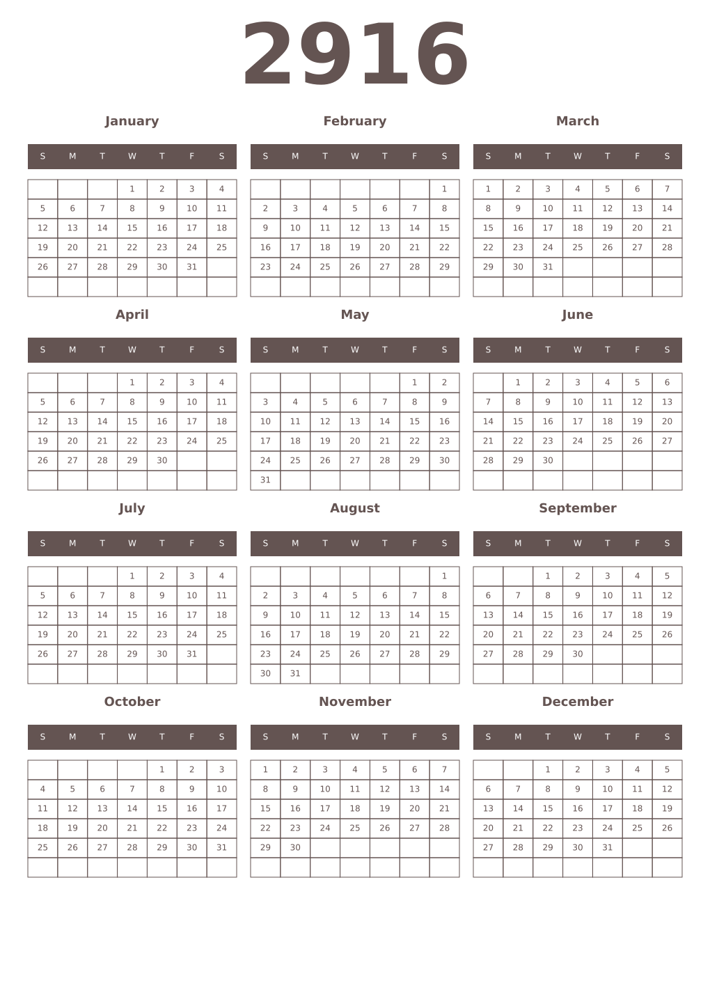 Printable 2916 Year Calendars wenge