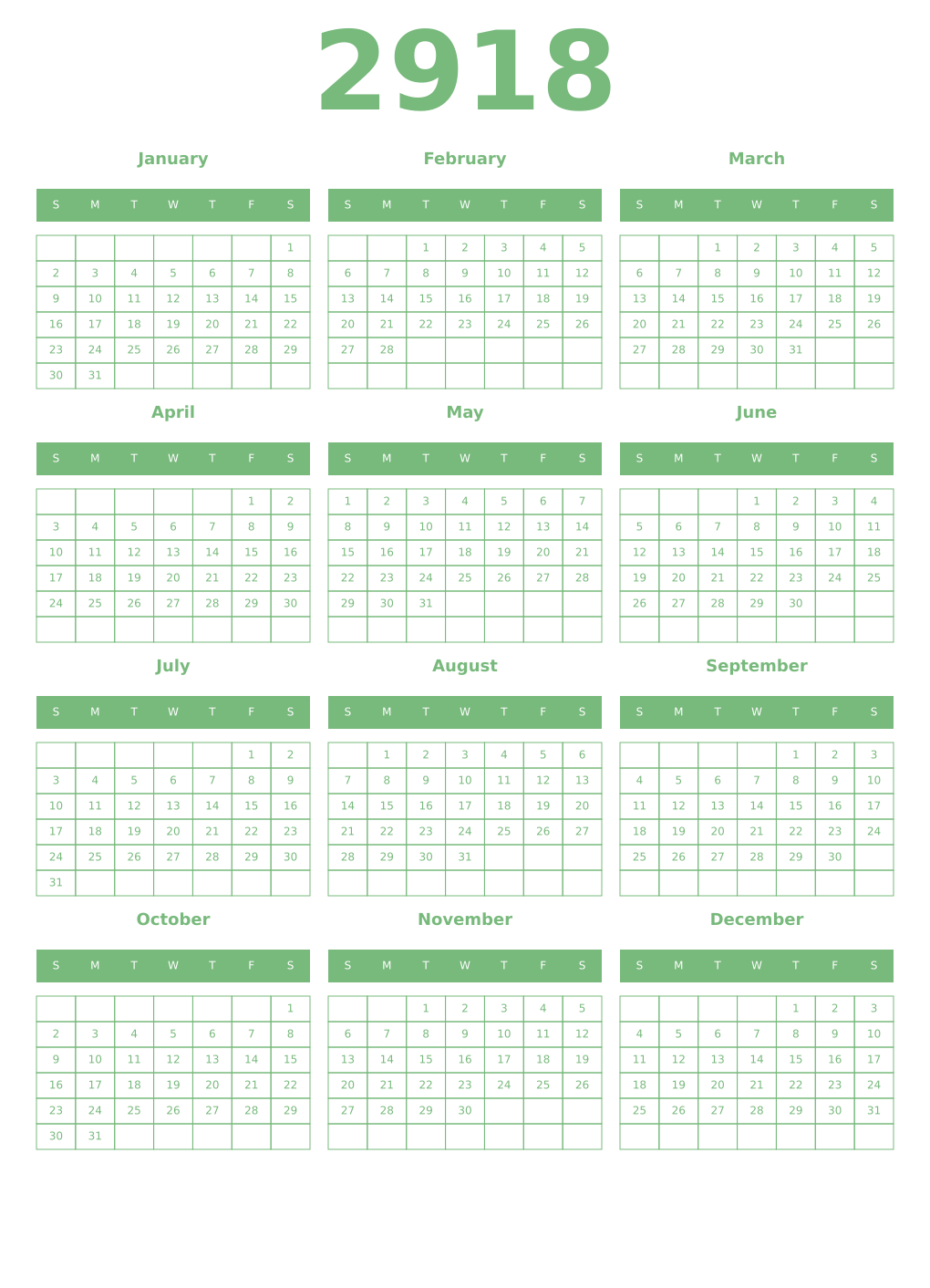 Printable 2918 Year Calendars celadon