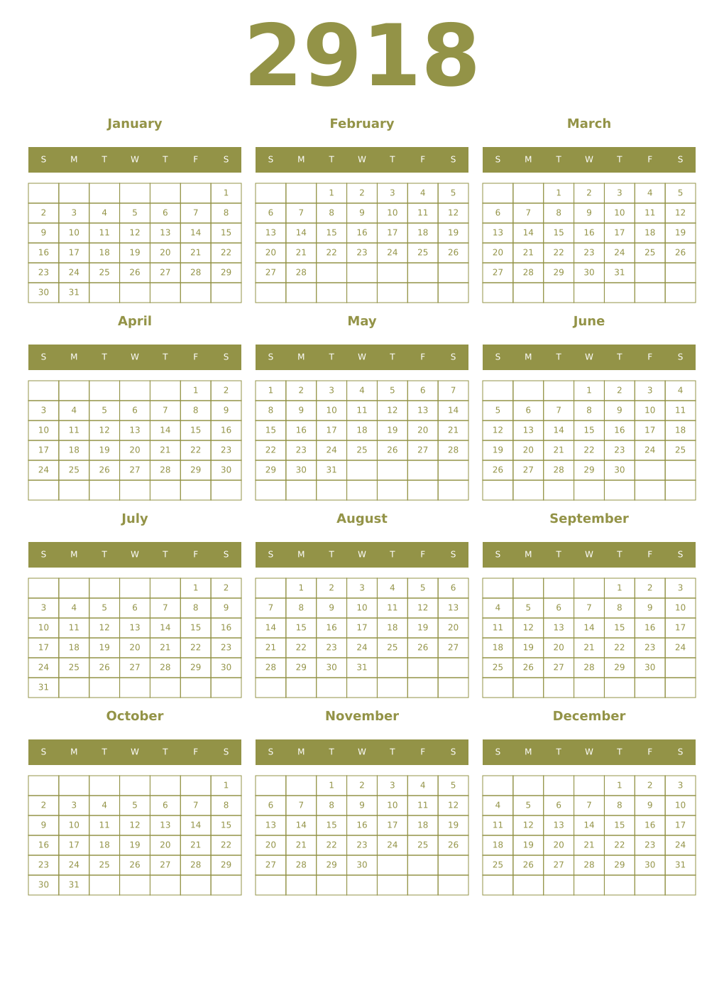 Printable 2918 Year Calendars eburnean