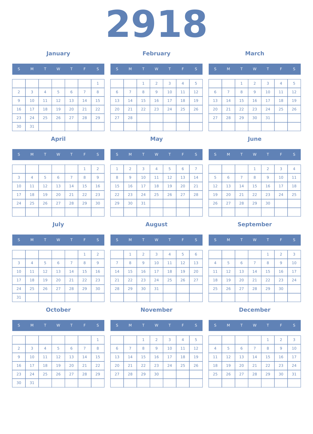 Printable 2918 Year Calendars glaucous