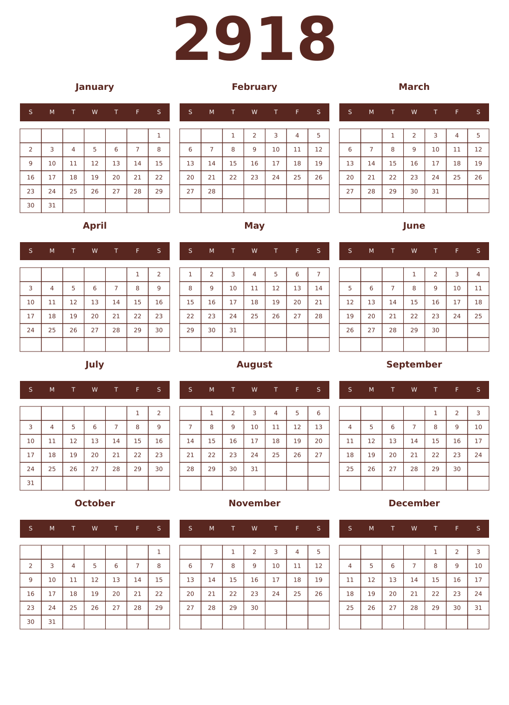 Printable 2918 Year Calendars mortuum