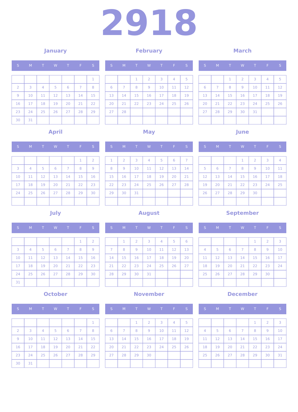 Printable 2918 Year Calendars periwinkle