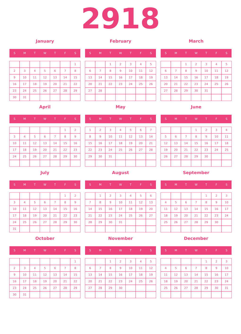 Printable 2918 Year Calendars pink