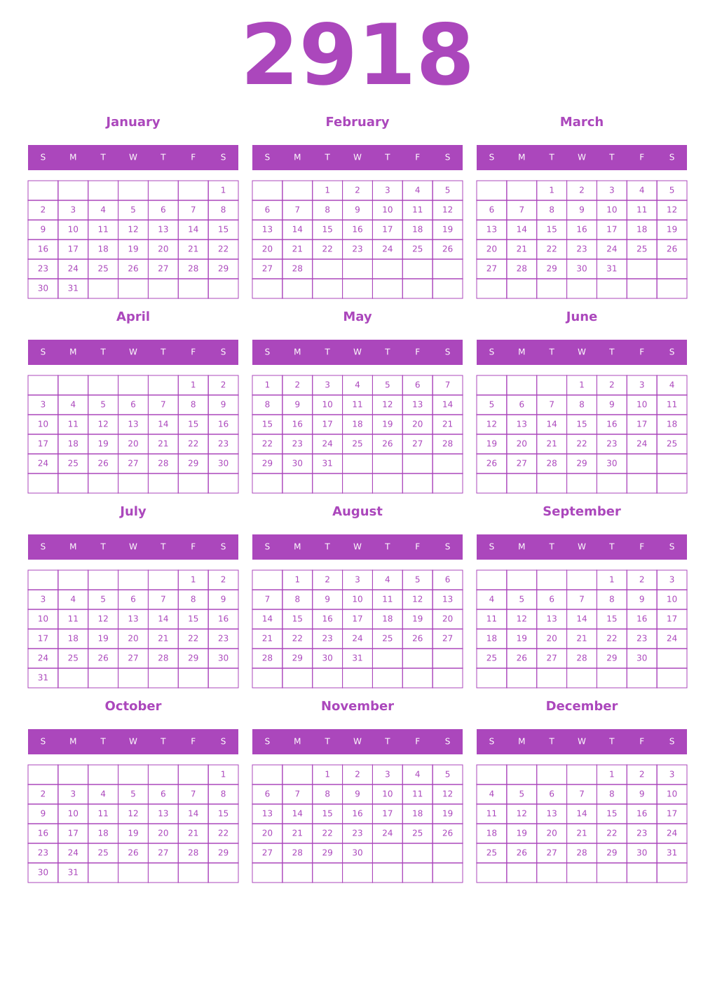 Printable 2918 Year Calendars purple