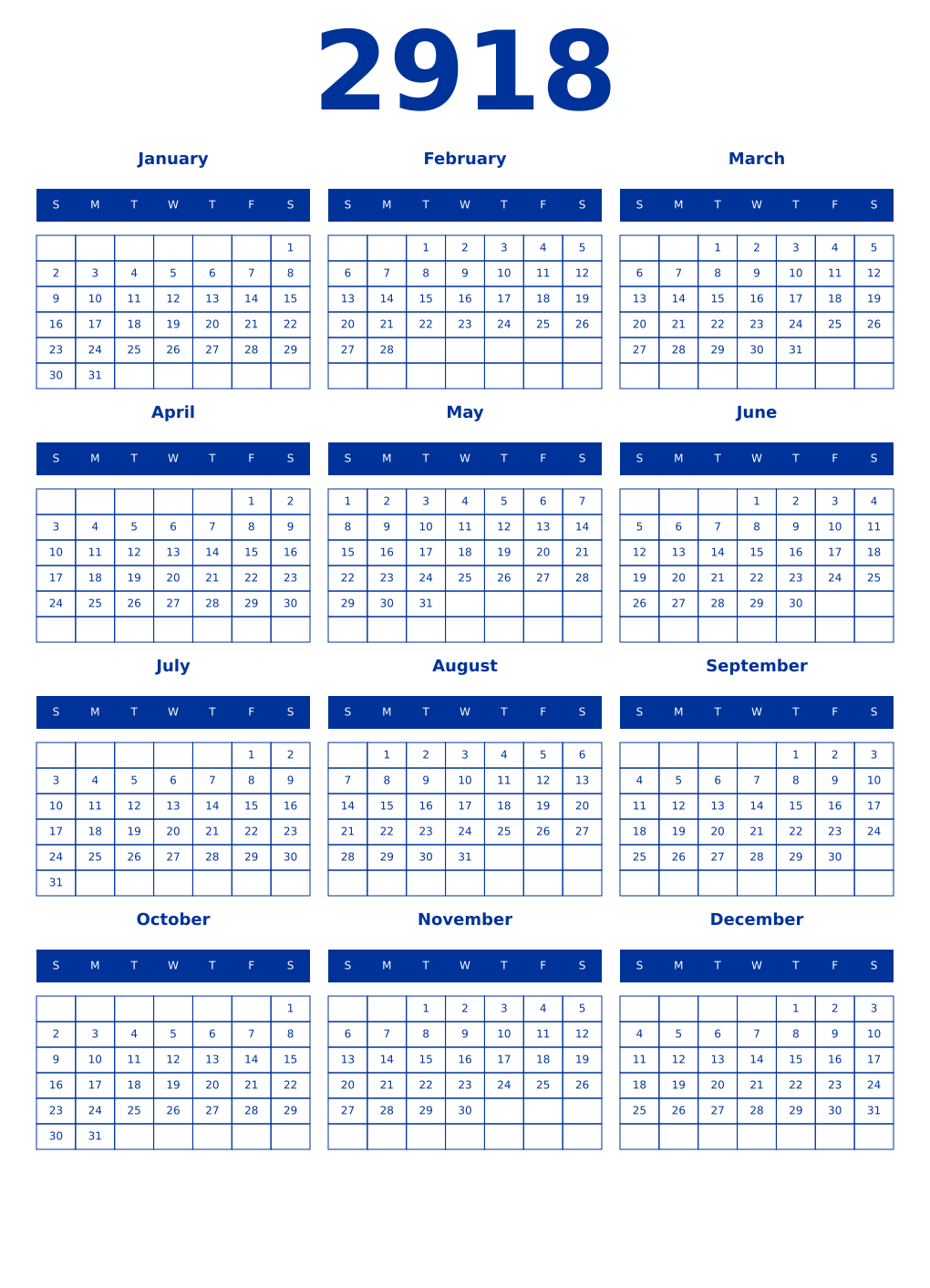 Printable 2918 Year Calendars smalt