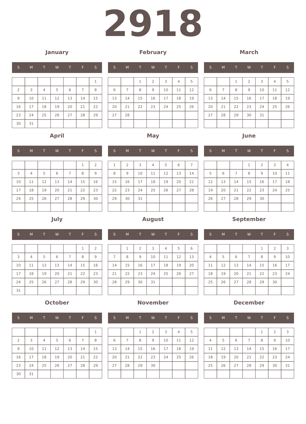 Printable 2918 Year Calendars wenge