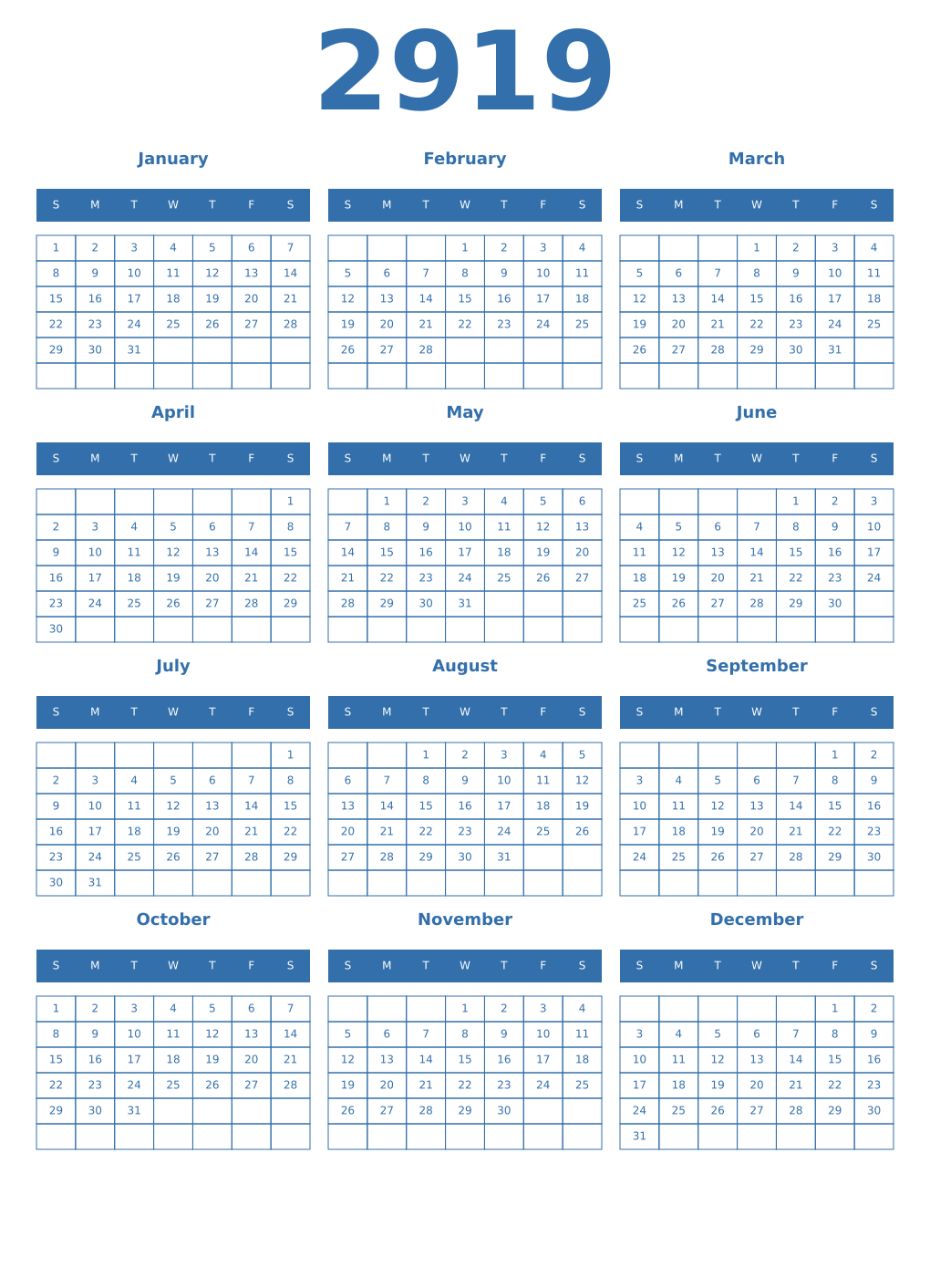 Printable 2919 Year Calendars blue