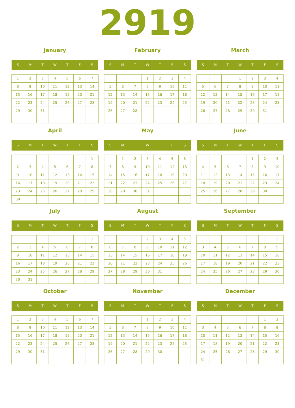 Printable 2919 Year Calendars chartreuse