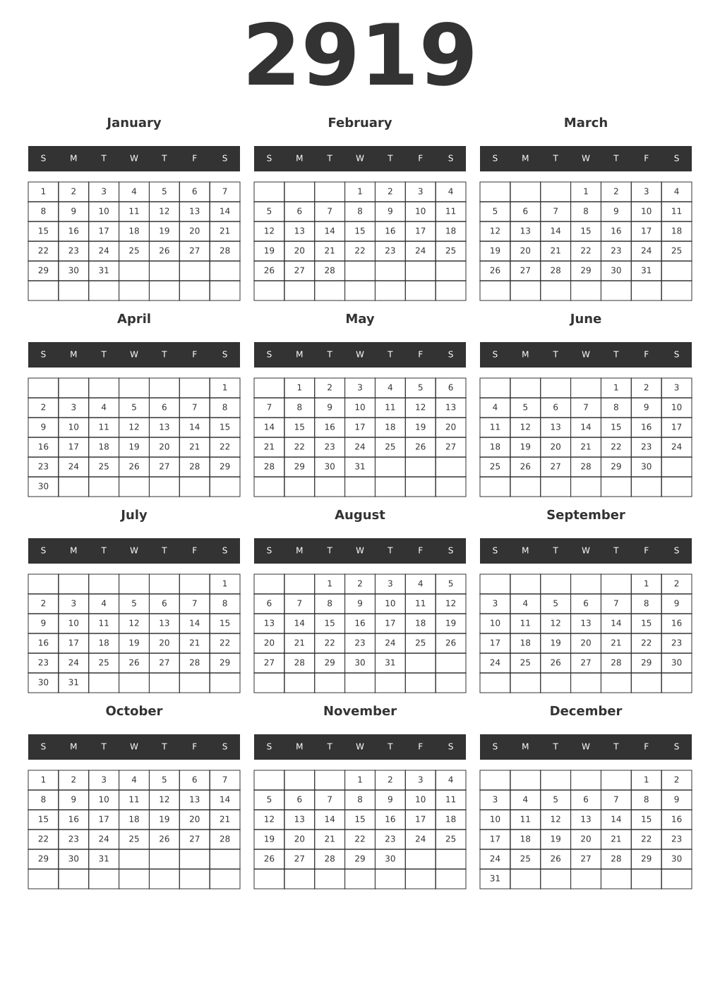Printable 2919 Year Calendars dark
