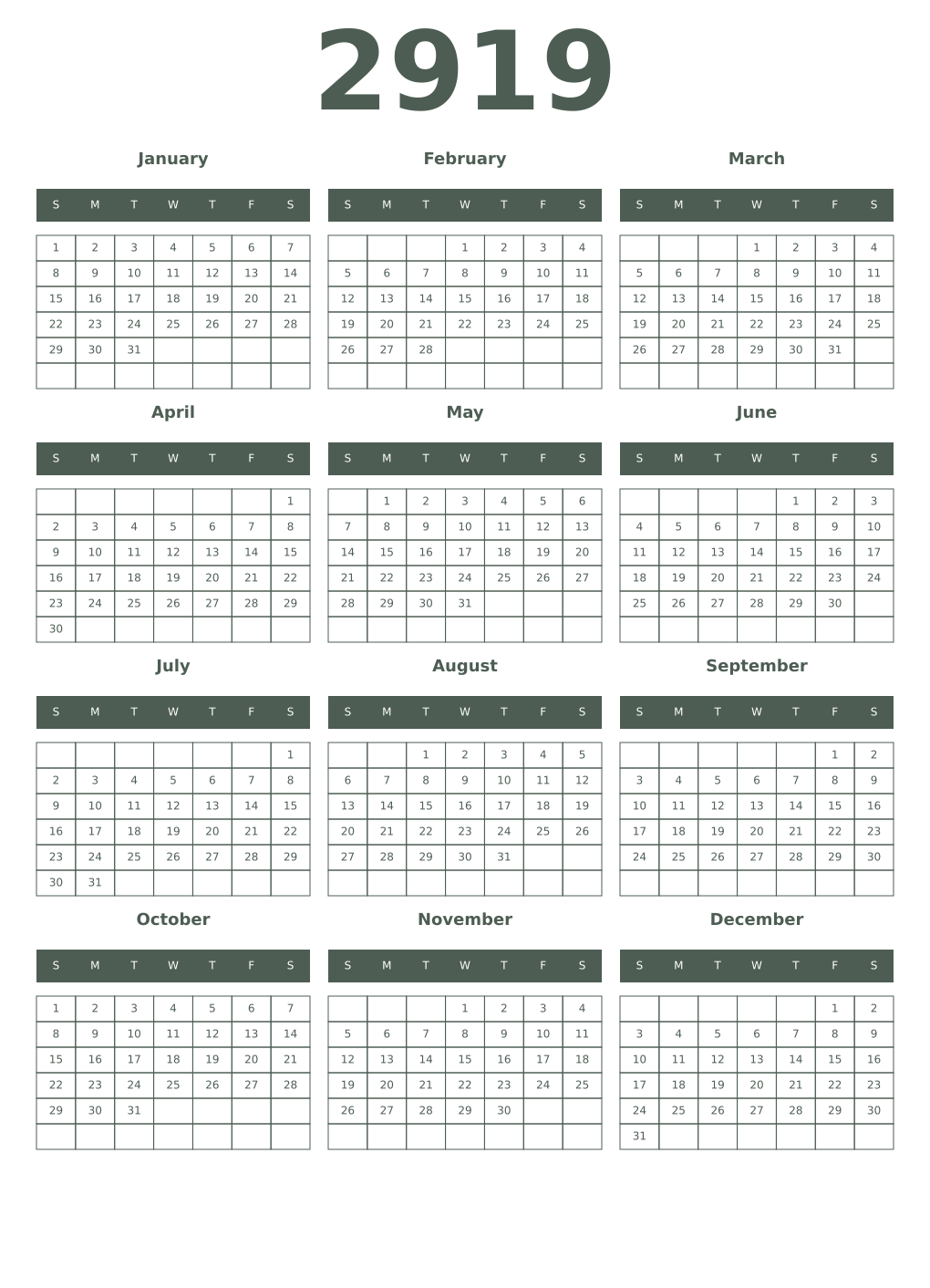 Printable 2919 Year Calendars feldgrau