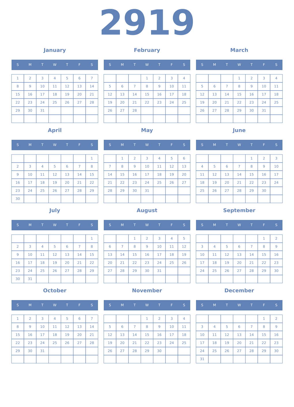 Printable 2919 Year Calendars glaucous
