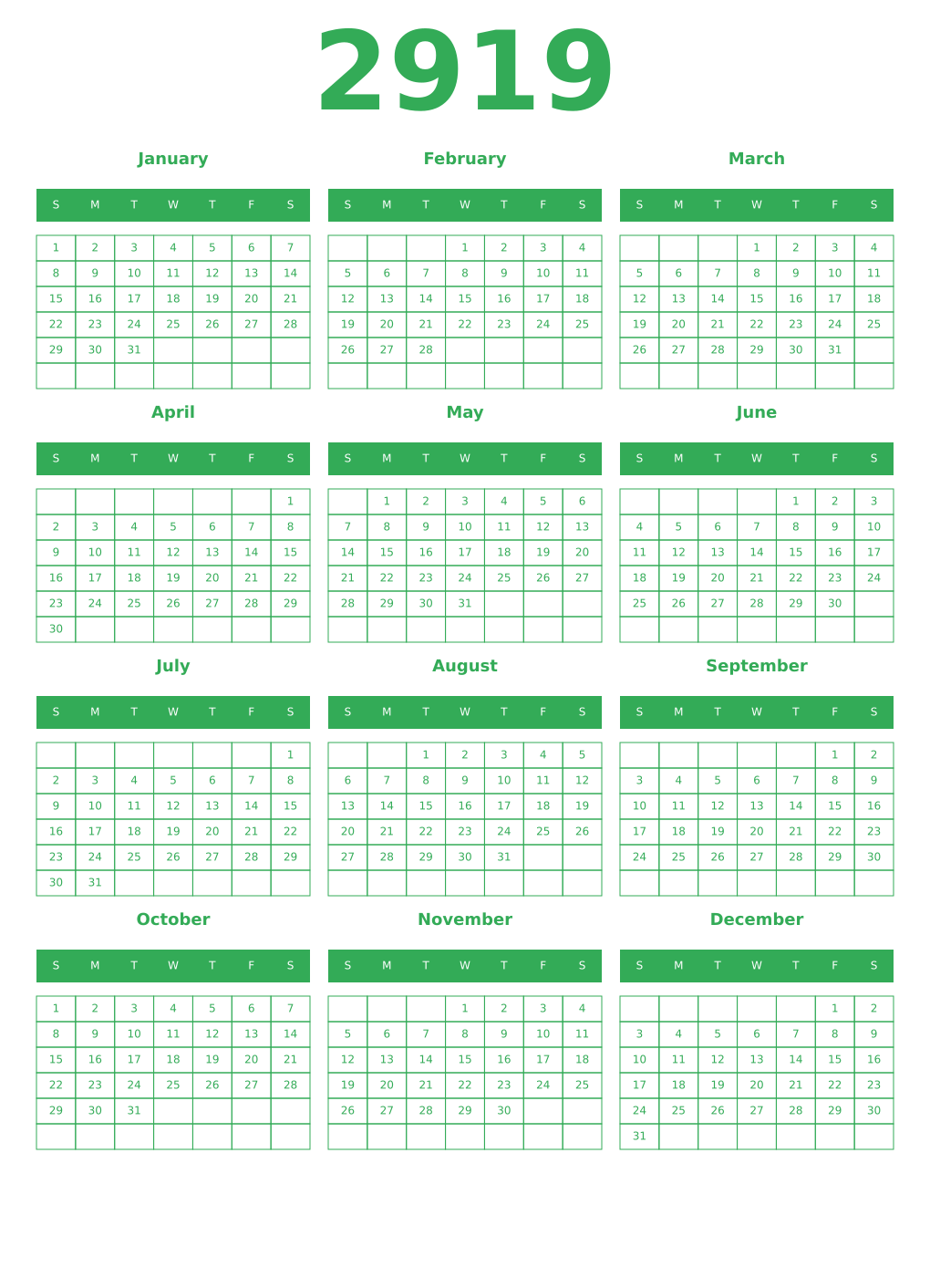 Printable 2919 Year Calendars green