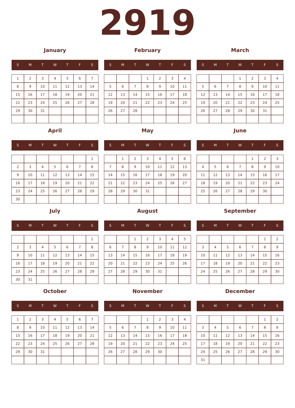 Printable 2919 Year Calendars mortuum