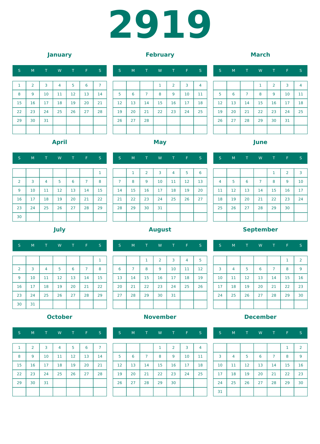 Printable 2919 Year Calendars pastel