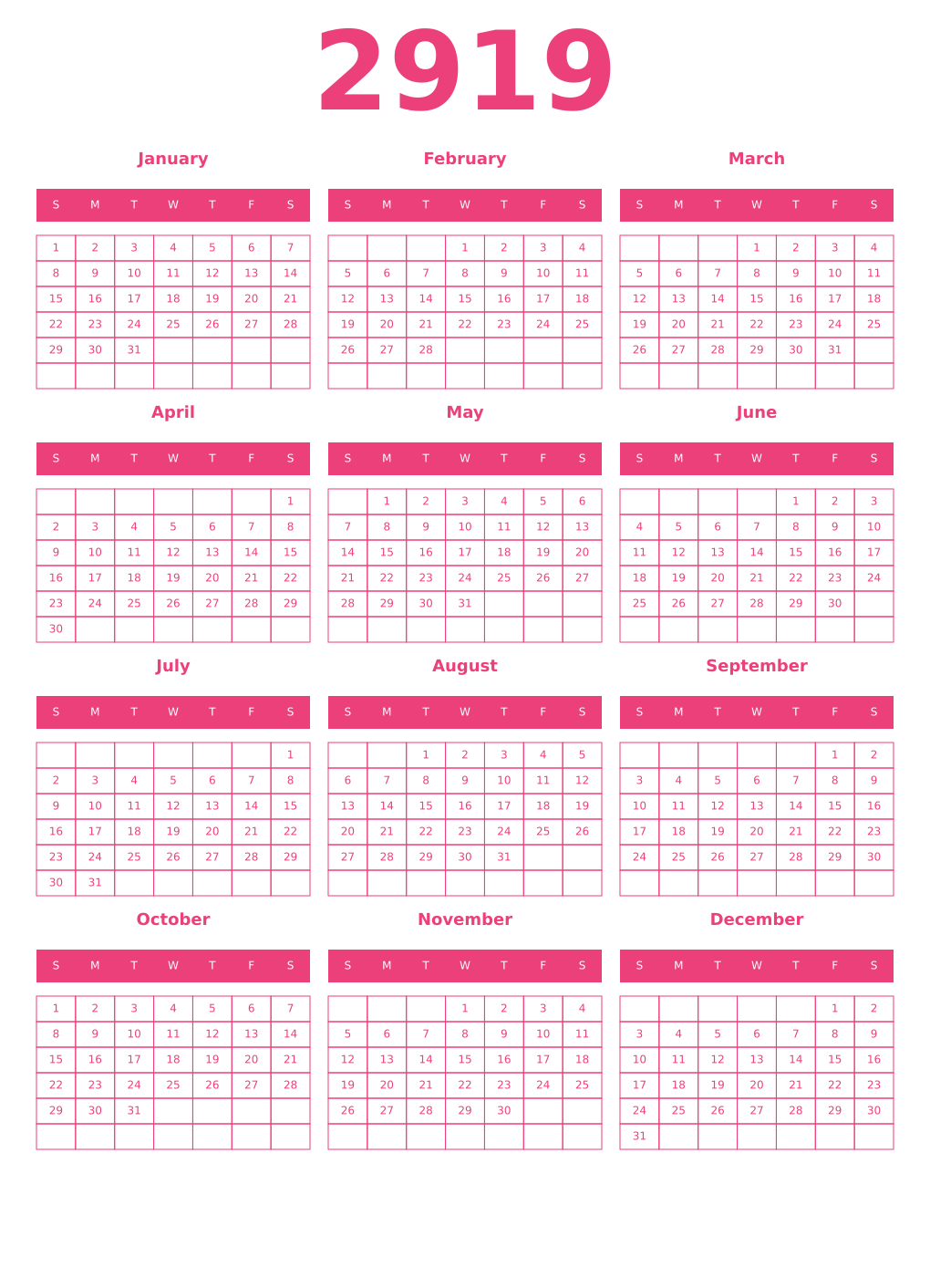 Printable 2919 Year Calendars pink