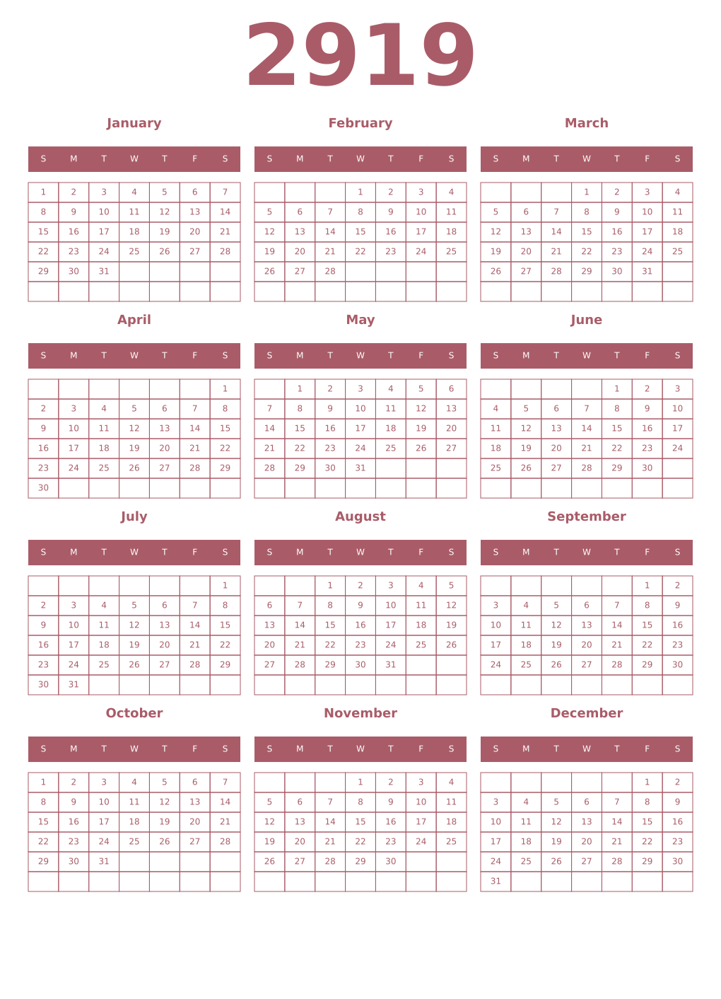Printable 2919 Year Calendars puce