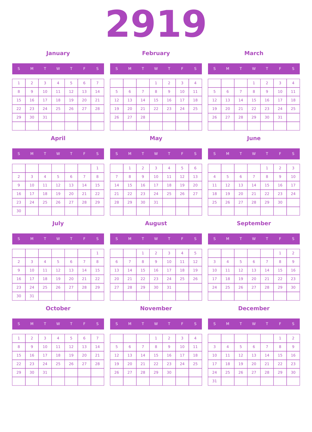 Printable 2919 Year Calendars purple