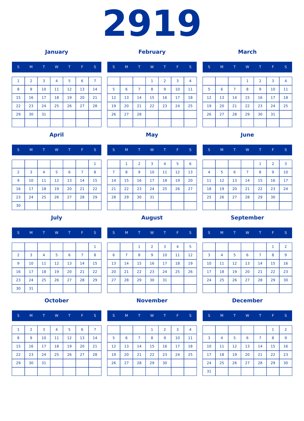 Printable 2919 Year Calendars smalt