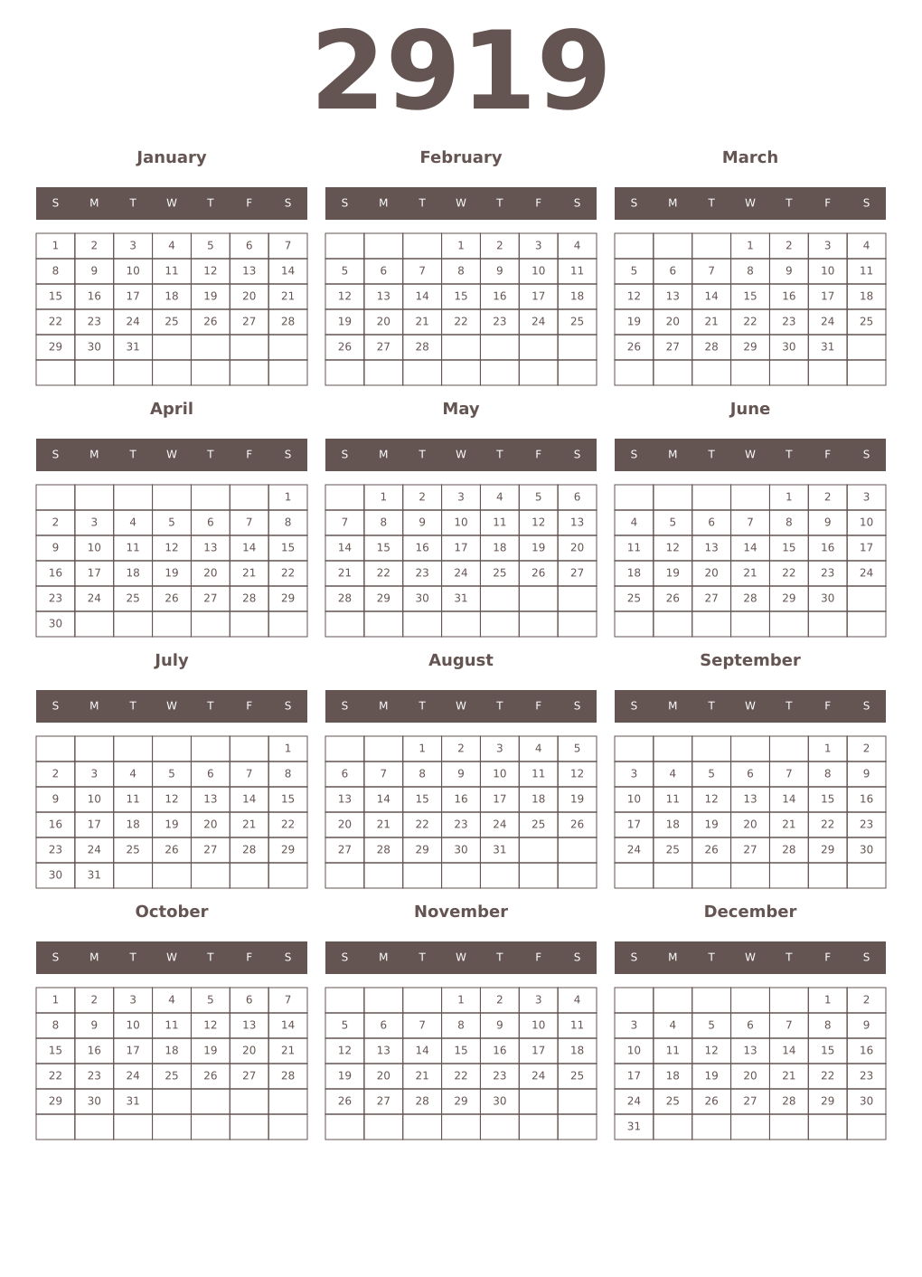 Printable 2919 Year Calendars wenge