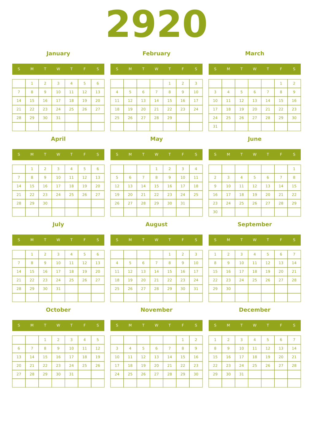 Printable 2920 Year Calendars chartreuse