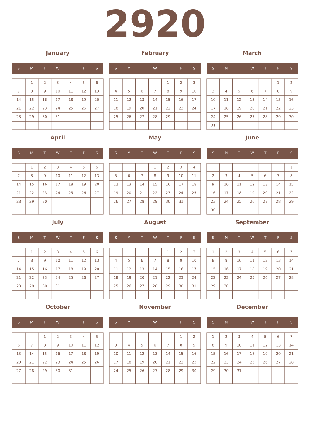 Printable 2920 Year Calendars coffe