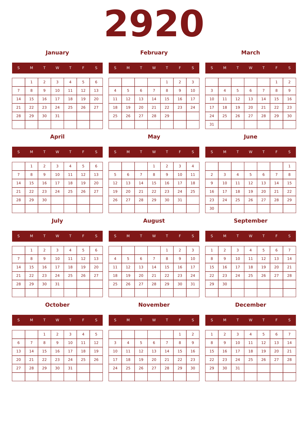 Printable 2920 Year Calendars falu
