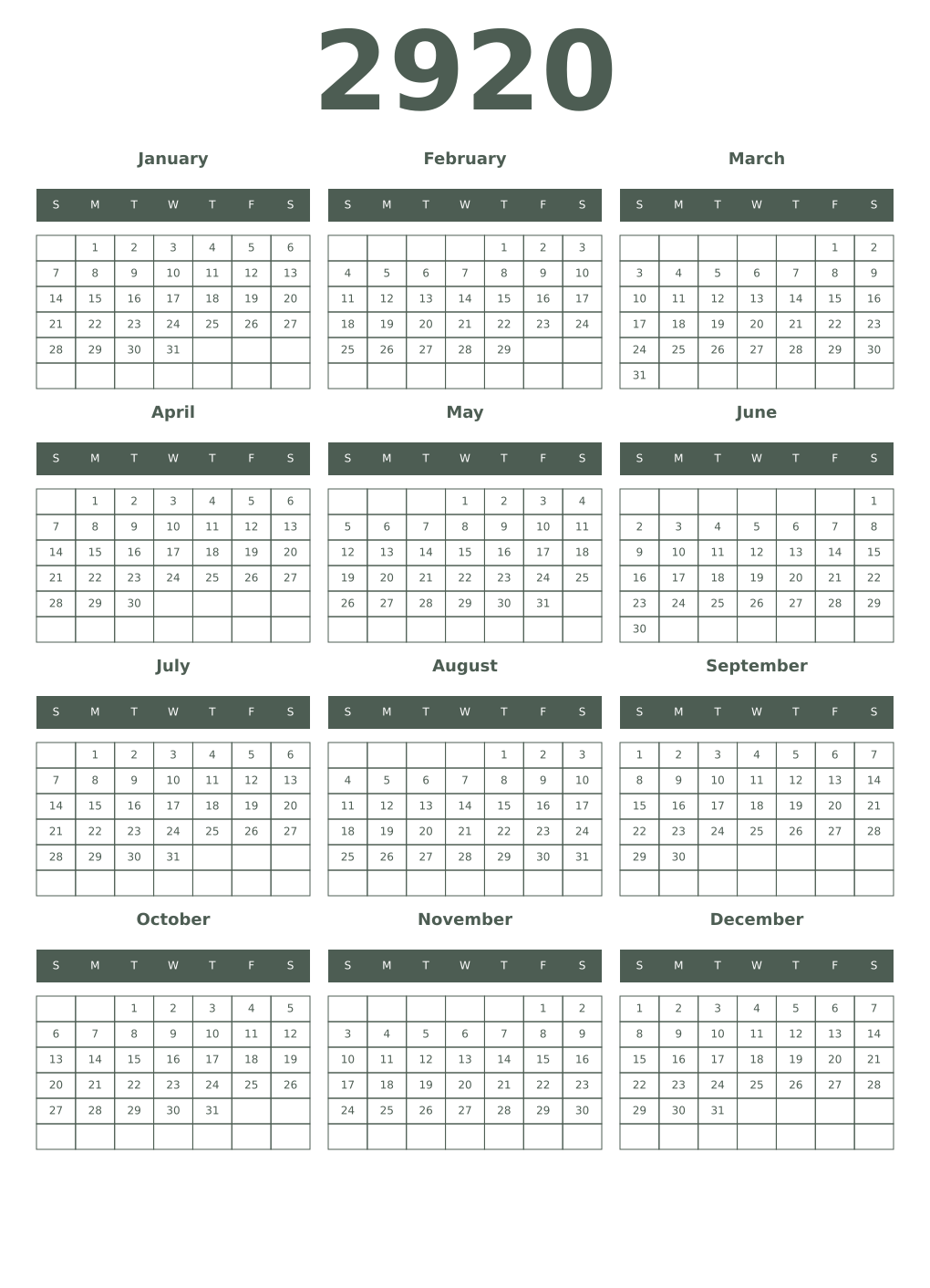 Printable 2920 Year Calendars feldgrau