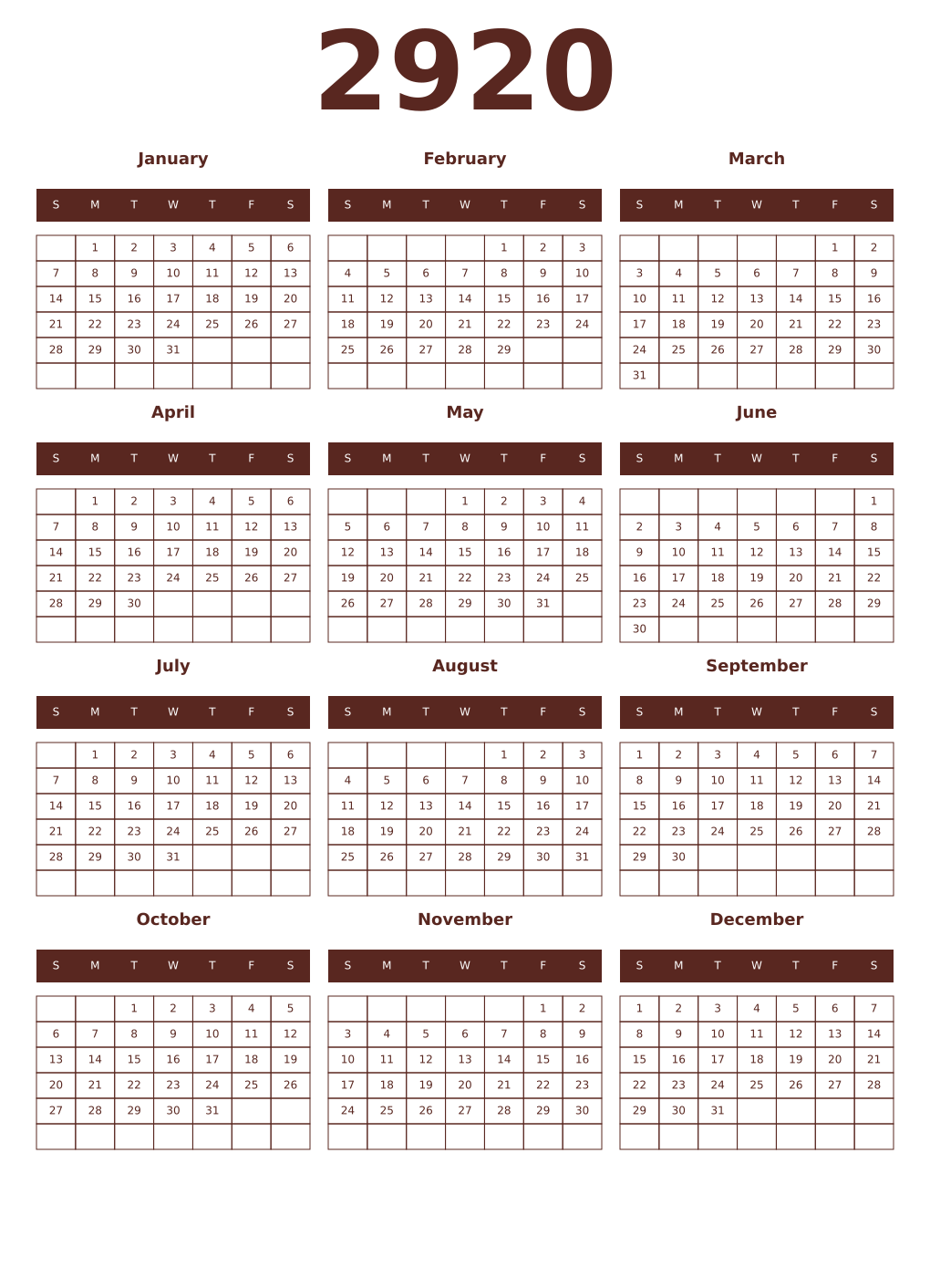 Printable 2920 Year Calendars mortuum