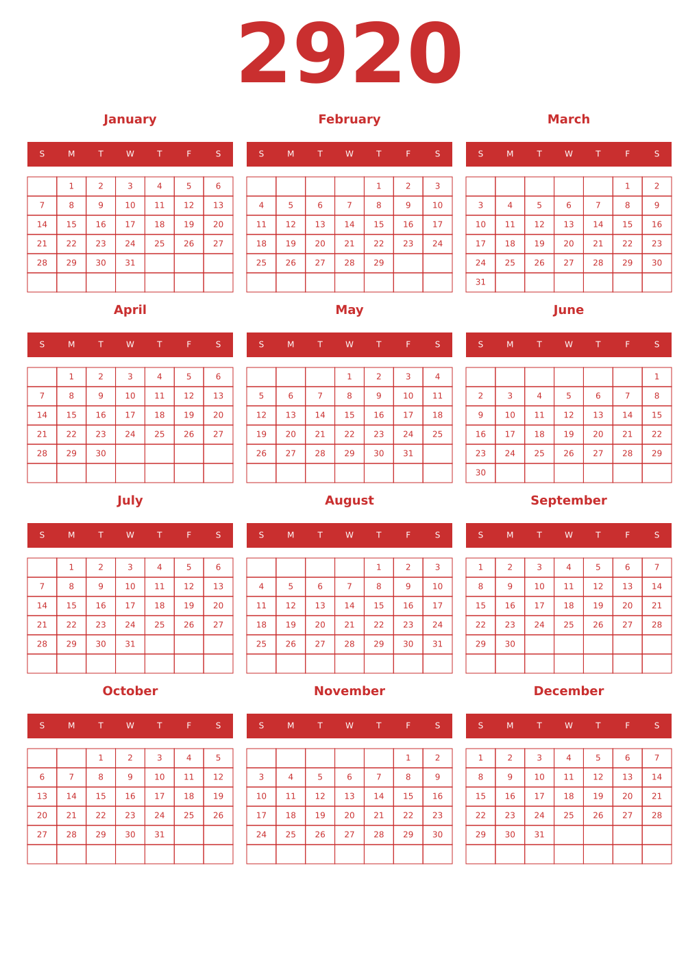 Printable 2920 Year Calendars red