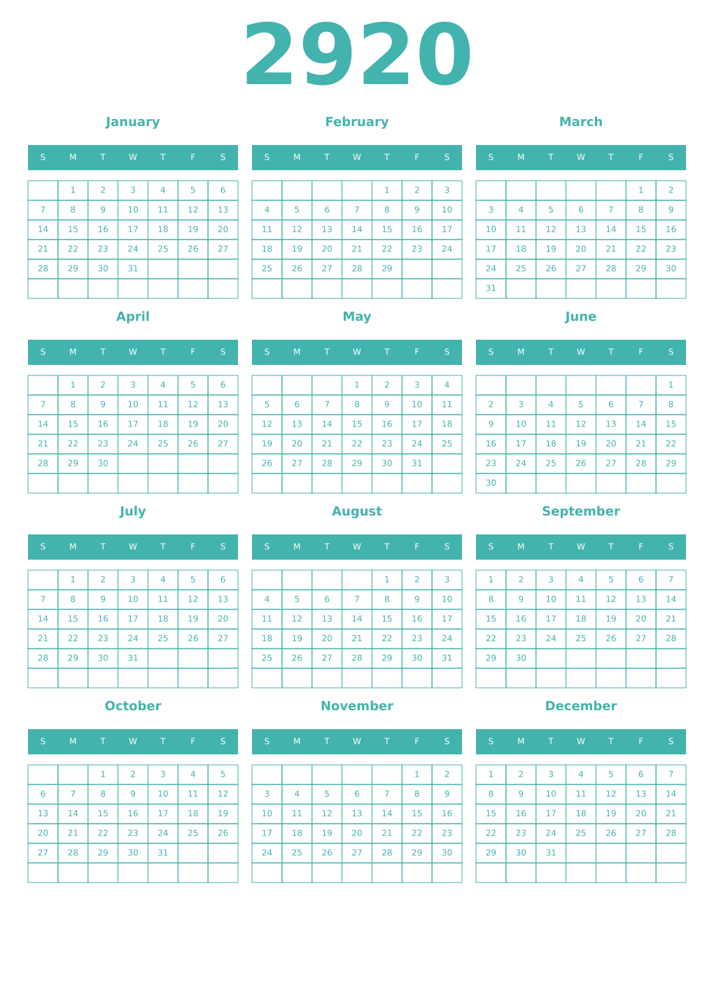 Printable 2920 Year Calendars verdigris