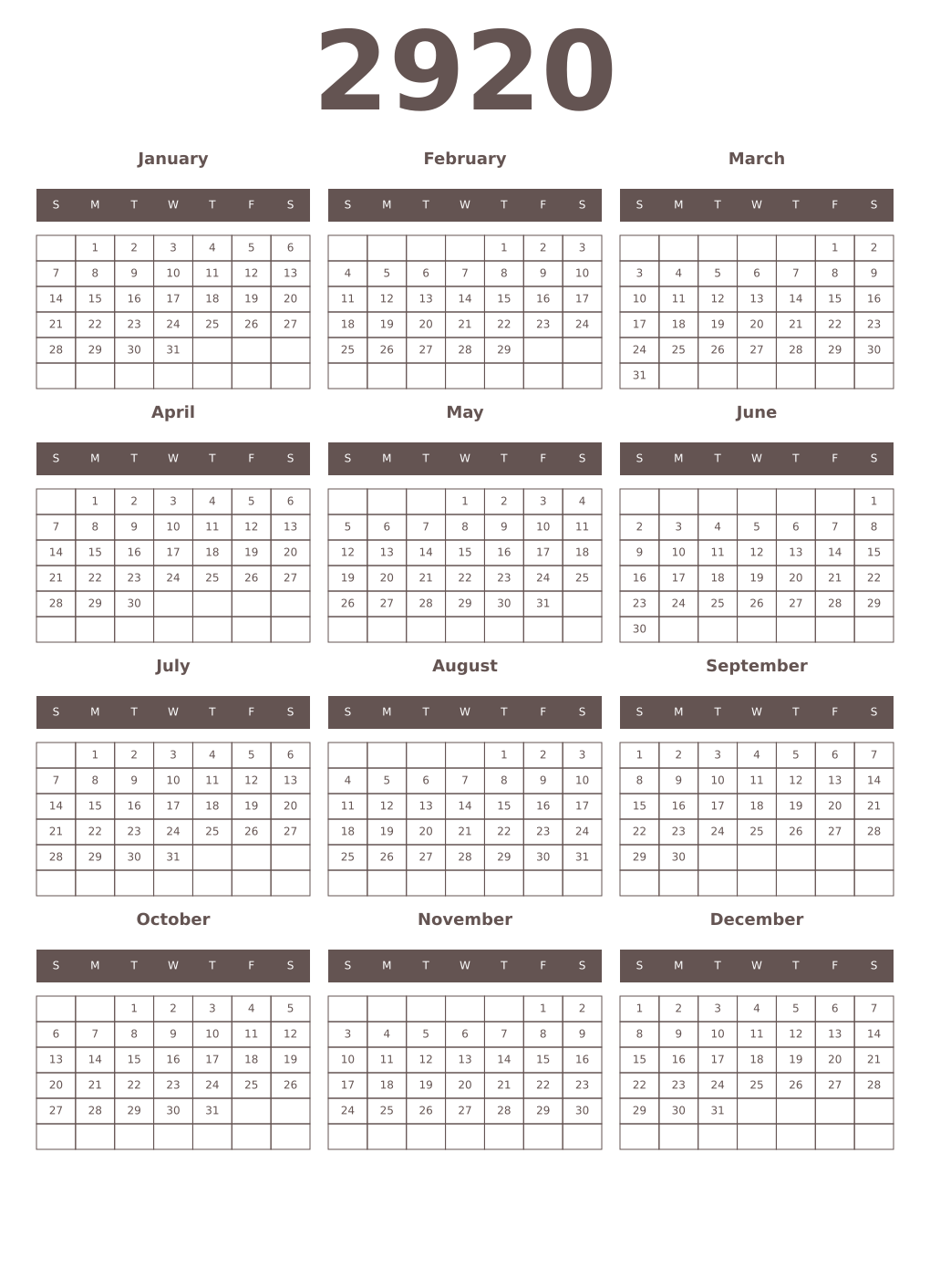 Printable 2920 Year Calendars wenge
