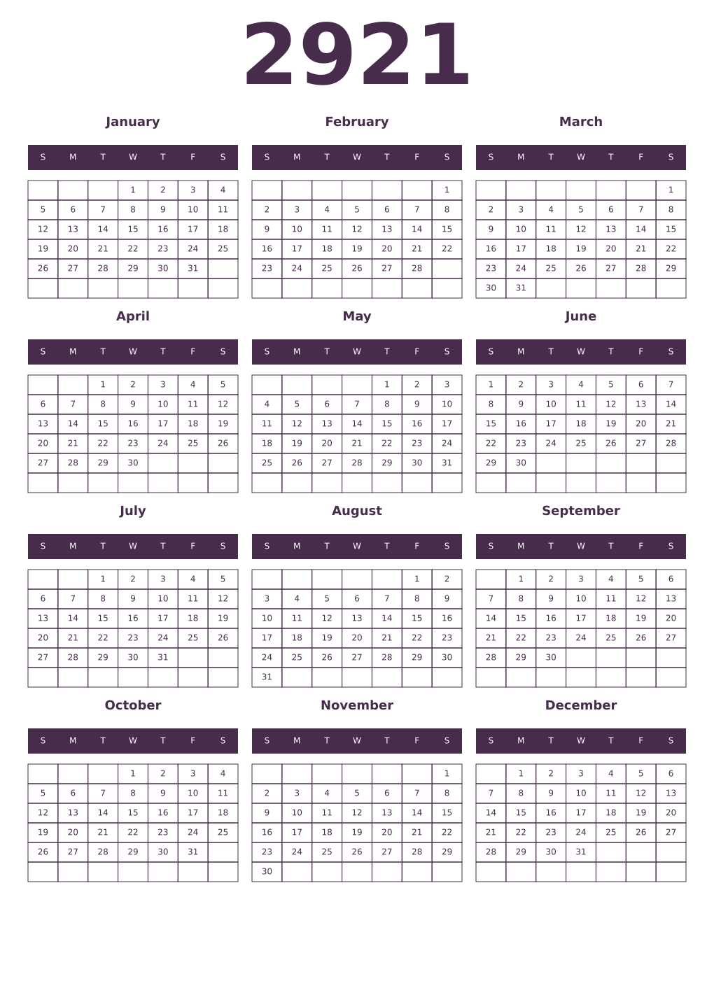 Printable 2921 Year Calendars aubergine