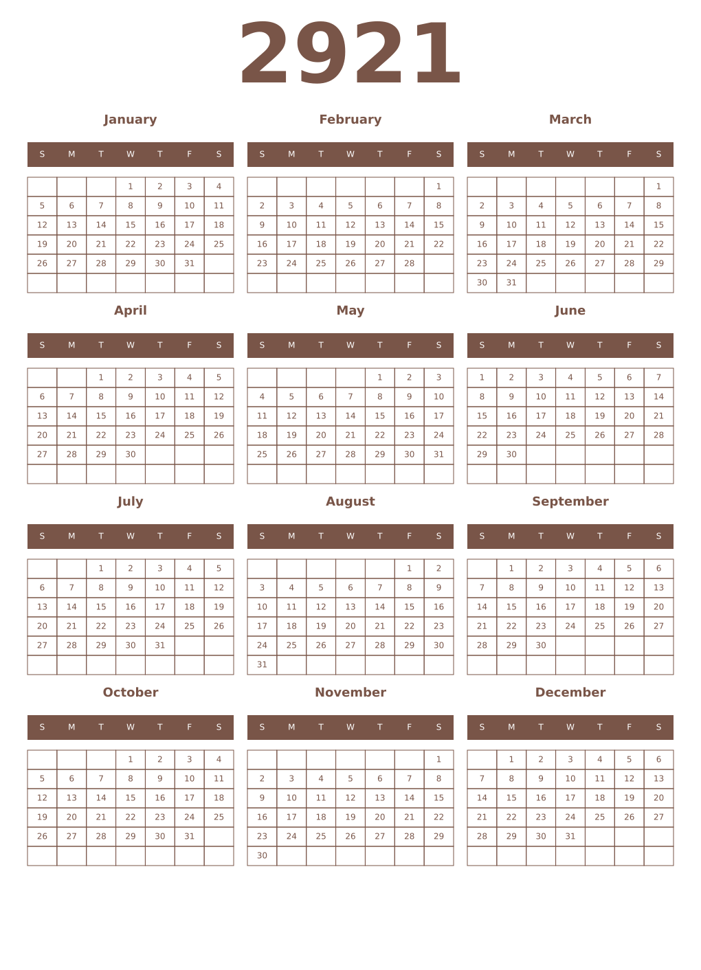 Printable 2921 Year Calendars coffe