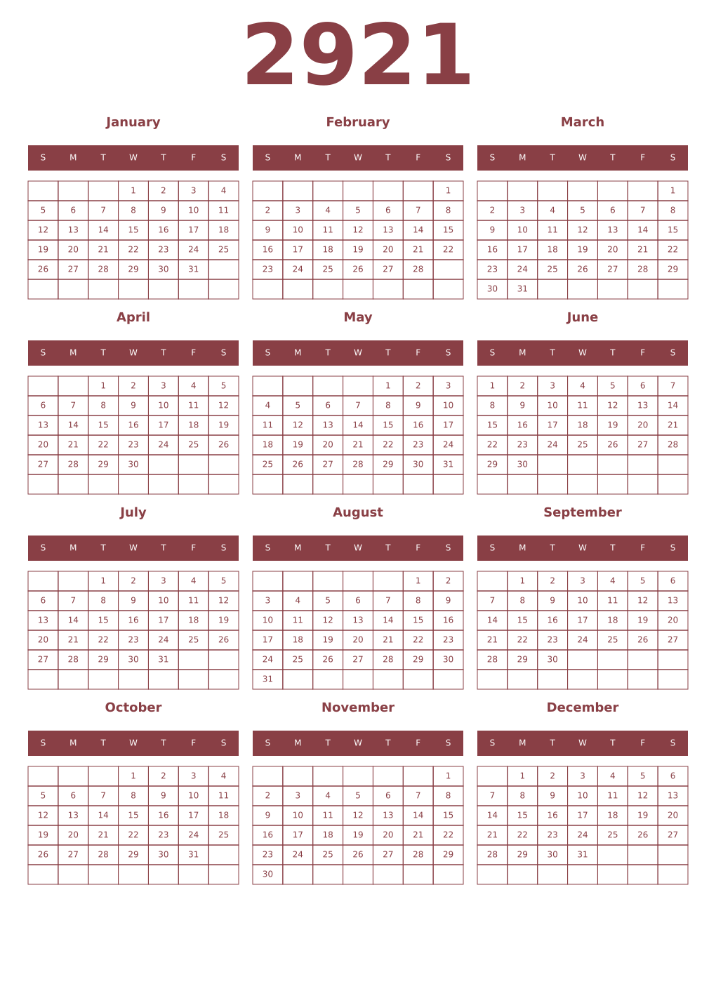 Printable 2921 Year Calendars cordovan