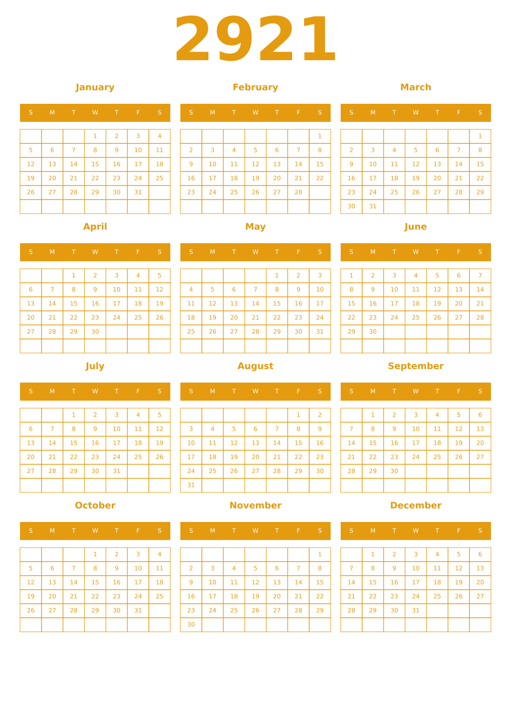 Printable 2921 Year Calendars gamboge