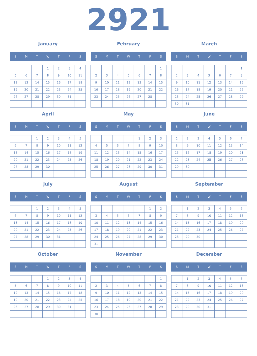 Printable 2921 Year Calendars glaucous