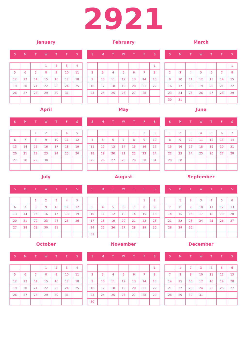 Printable 2921 Year Calendars pink