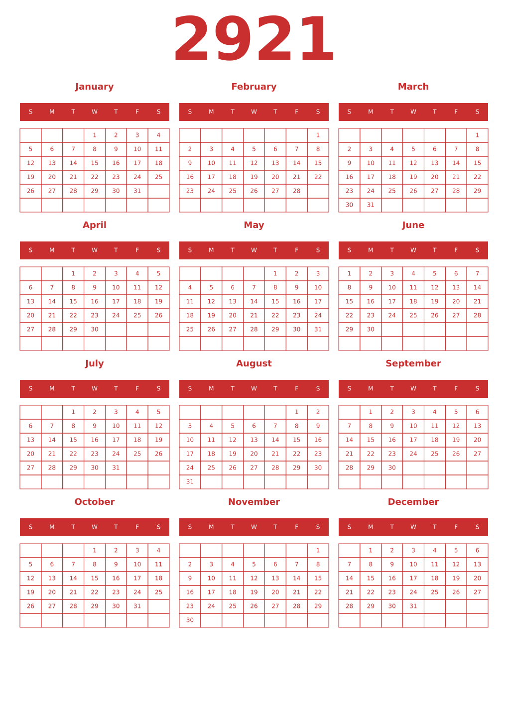 Printable 2921 Year Calendars red