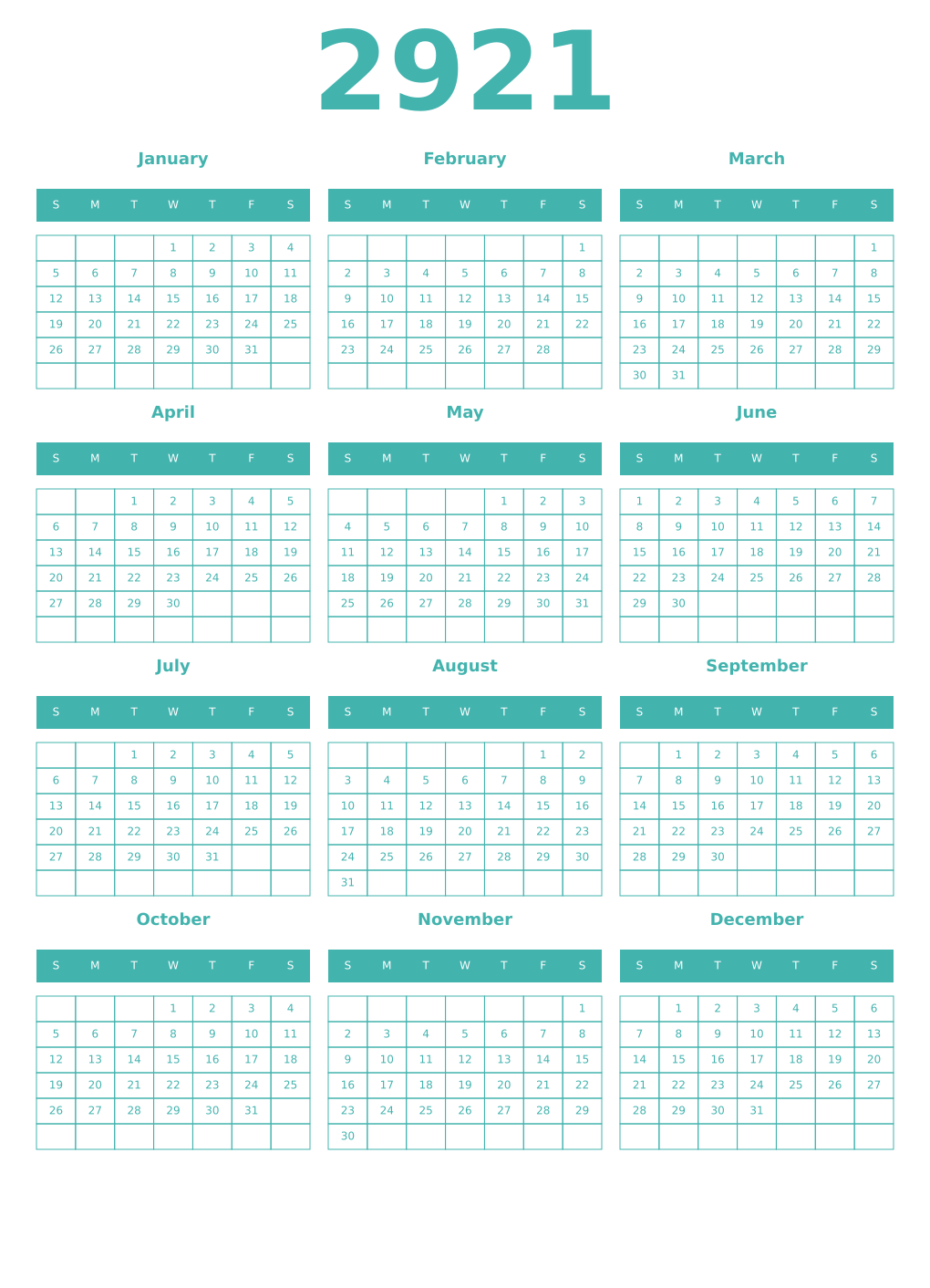 Printable 2921 Year Calendars verdigris