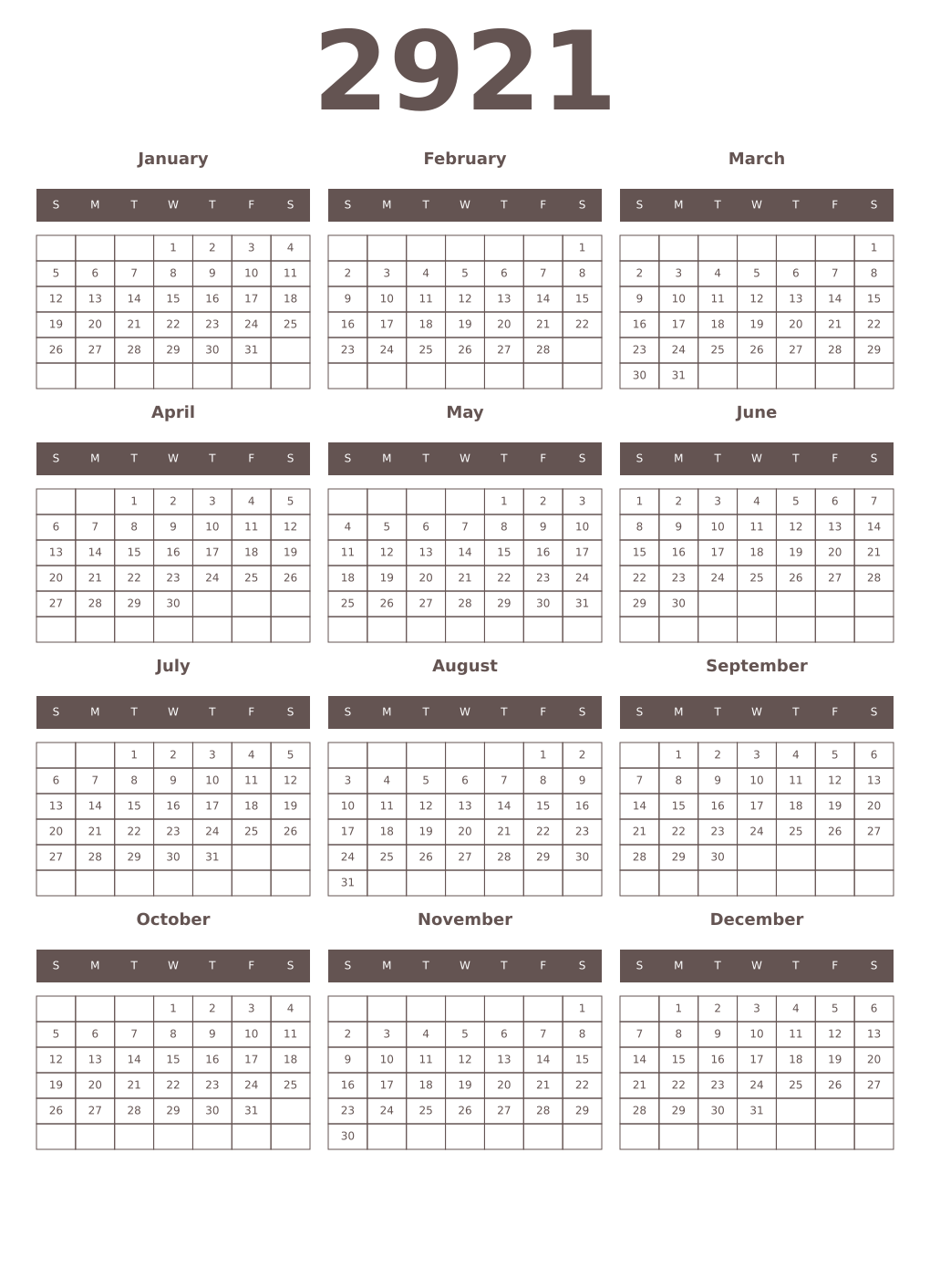 Printable 2921 Year Calendars wenge