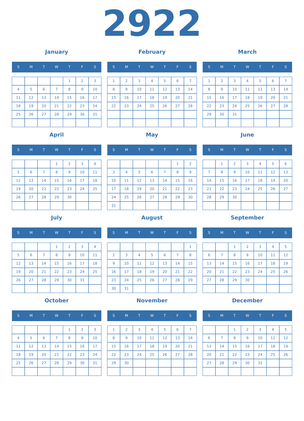 Printable 2922 Year Calendars blue