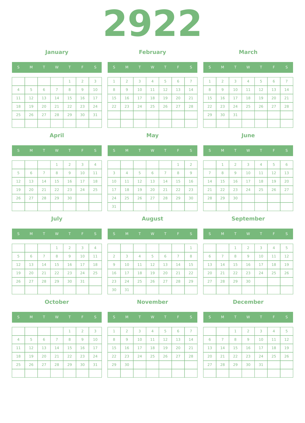 Printable 2922 Year Calendars celadon